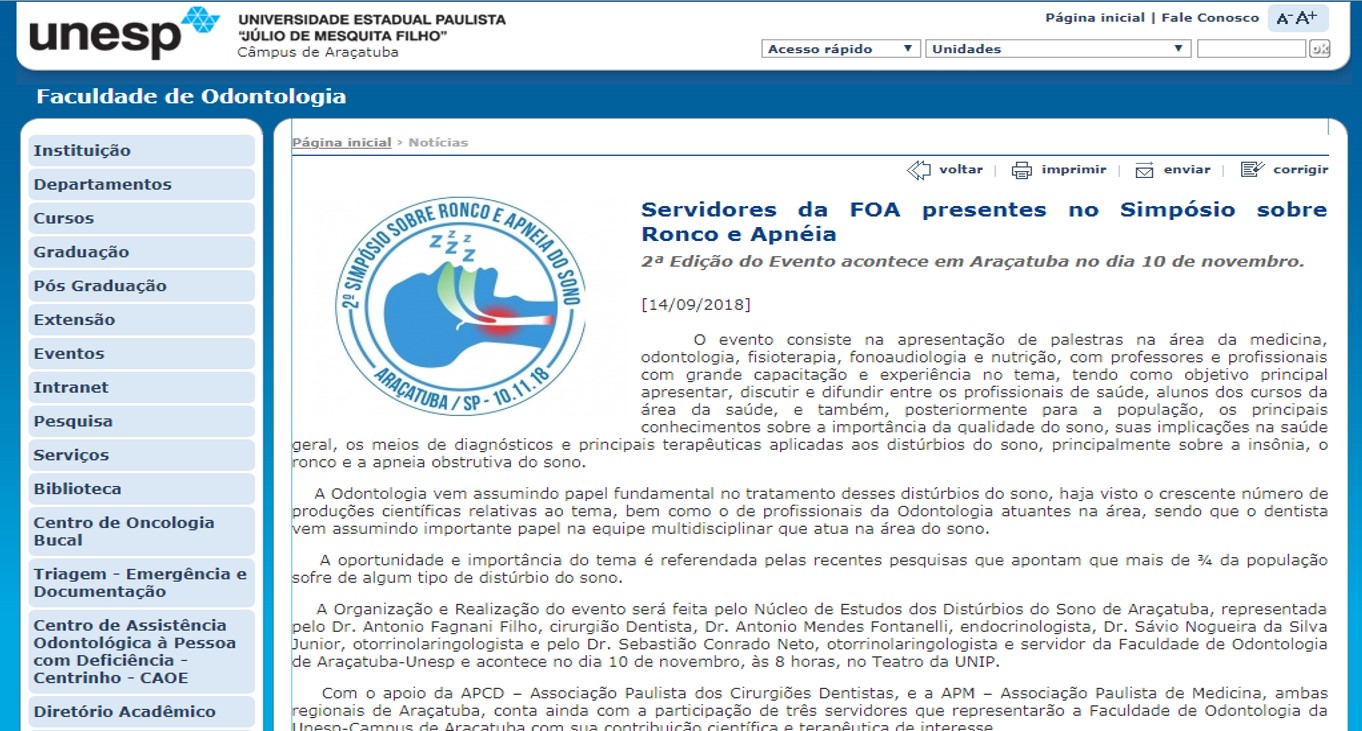 FOA UNESP Araçatuba apoiando o 2º Simpósio sobre Ronco e Apneia do Sono de Araçatuba